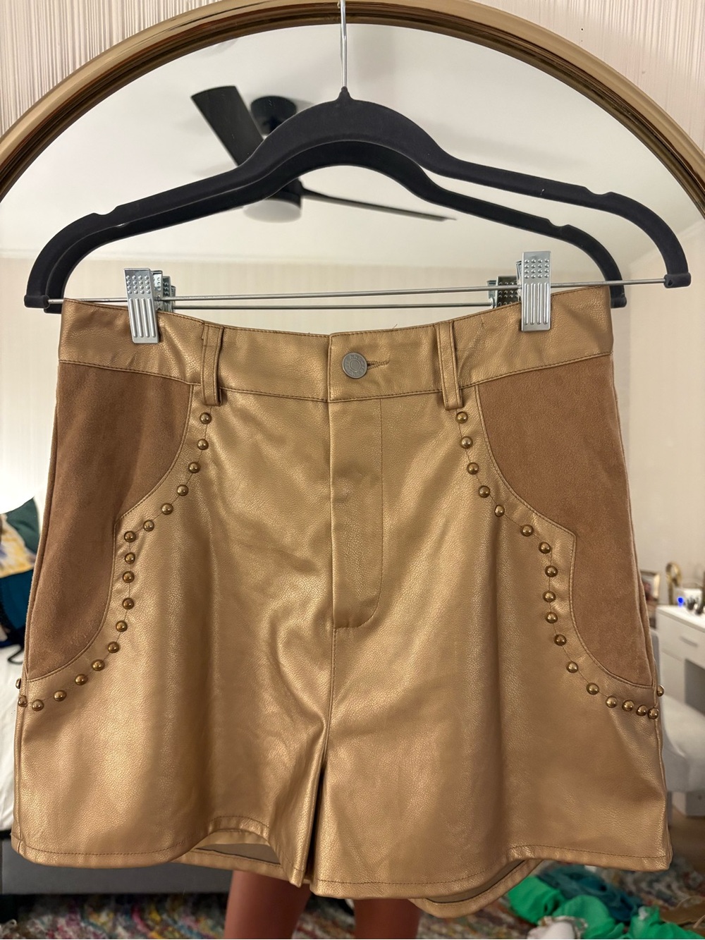 Women's Tan Faux-Leather Shorts with Stud Detail